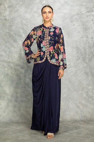 Tanu Malhotra Floral Print Jacket With Draped Skirt 