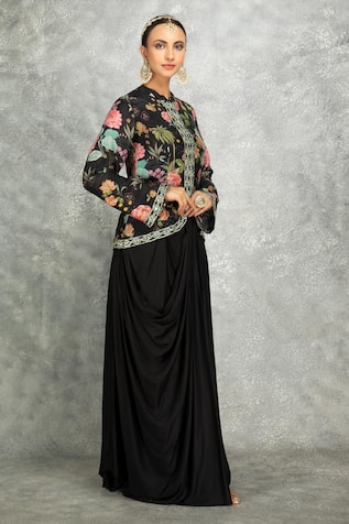 Tanu Malhotra Floral Print Jacket & Draped Skirt Set 