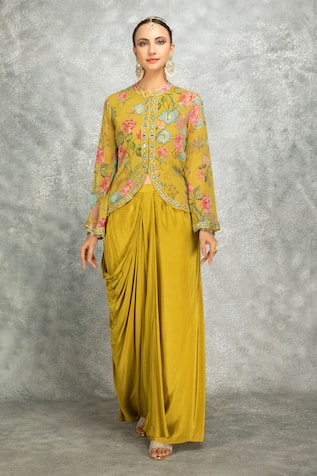 Tanu Malhotra Mirror Embroidered Jacket & Draped Skirt Set 