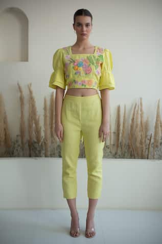 Floral Beads Embroidered Crop Top With Pant 
