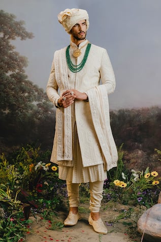 Yajy By Aditya Jain Kusha Geometric Motif Embroidered Sherwani Set 