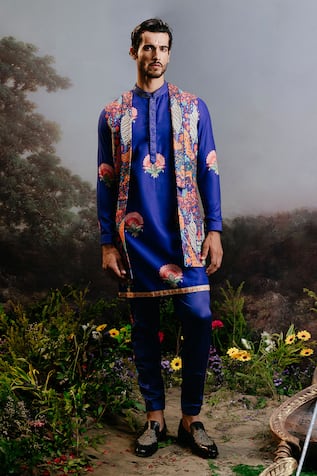 YAJY by Aditya Jain Amrit Ramayan Forest Print Long Bundi & Kurta Set 