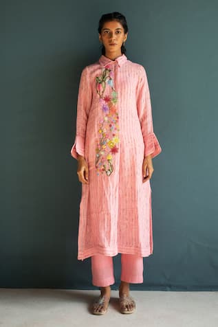 Oja Handloom Linen Embroidered Kurta With Pant 