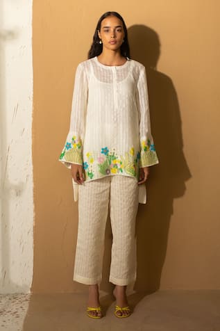 Oja Placement Embroidered Long Top With Pant 