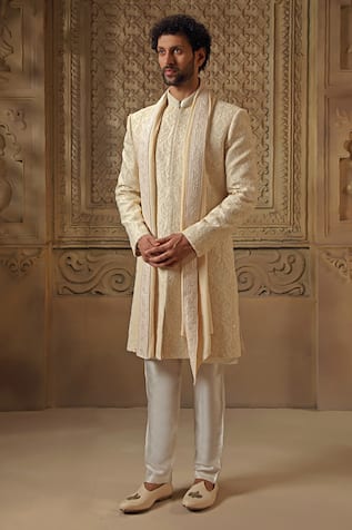 Vanshik Dori Floral Jaal Embroidered Sherwani Pyjama Set 