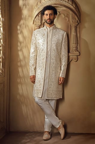 Vanshik Floral Vine Dori Embroidered Open Sherwani Pant Set 