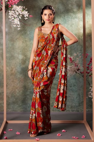 Mehak Murpana Bloom Garden Print Pre-Draped Saree With Blouse 