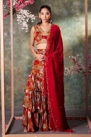 Mehak Murpana Gardenia Print Ruffled Lehenga Set 