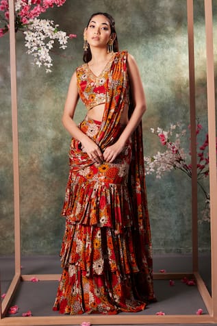 Mehak Murpana Bloom Print Pre-Draped Ruffle Saree With Blouse 