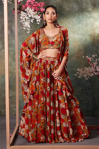 Mehak Murpana Phool Print Cape & Lehenga Set 