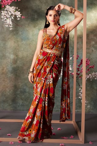 Mehak Murpana Phool Bagh Print Pre-Draped Saree With Blouse 