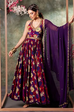 Mehak Murpana Flower Garden Print Halter Neck Anarkali With Dupatta 