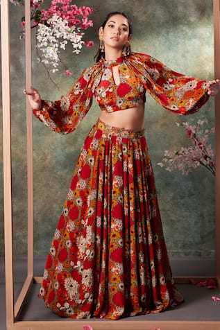 Mehak Murpana Flora Print Crop Top With Lehenga 