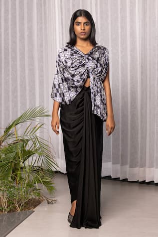 Studio Surbhi Floral Print Draped Asymmetric Blouse With Draped Skirt 