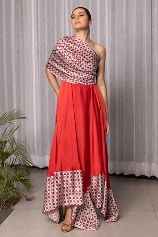 Studio Surbhi Geometric Floral Print One Shoulder Dress 