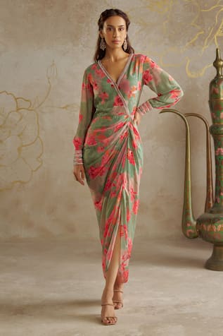 Chhavvi Aggarwal Rose Print Draped Dress 