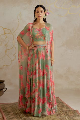 Chhavvi Aggarwal Floral Print Lehenga Set With Cape 