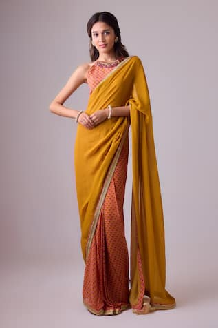 Nikasha Pleated Embroidered Border Saree With Blouse 