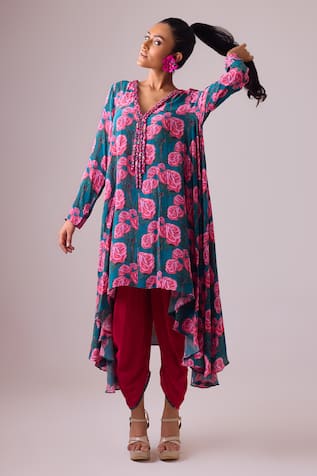 Nikasha Gullista Print Asymmetric Kurta With Dhoti Pant 