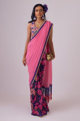 Nikasha Stripe Blossom Print Saree With Blouse 