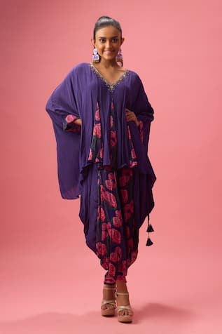 Nikasha Floret Print Asymmetric Godet Kaftan Tunic With Dhoti Pant 