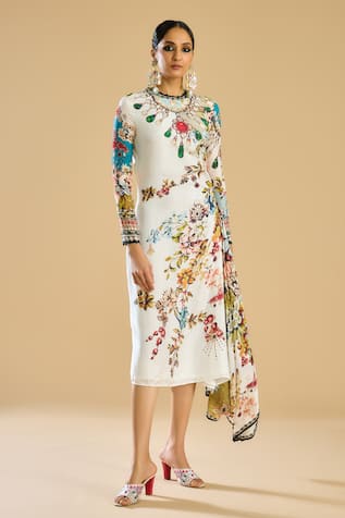 Rajdeep Ranawat Gardenia Print Embellished Midi Dress 