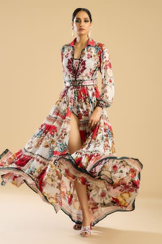 Rajdeep Ranawat Vintage Bloom Print & Embellished Collared Dress 