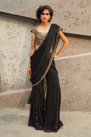 Shreeka Bead Embellished Scalloped Pant Saree With Blouse 