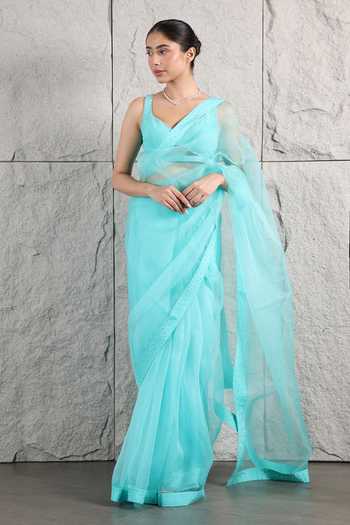 Kiran Kalsi Rhinestone Embellished Blue Saree Set 