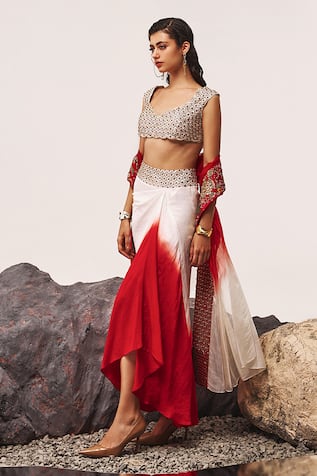 Tisha Saksena Awadhi Zardozi Embroidered Ombre Draped Skirt Set 