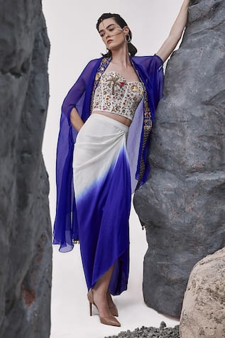 Tisha Saksena Katib Zardozi Embroidered Cape Ombre Draped Skirt Set 