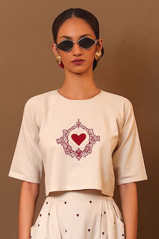 MATI Cotton Aari Heart Embroidered Crop Top 