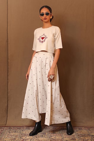 MATI Cotton Heart Embroidered Crop Top With Harem Pant 