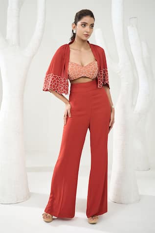 One Knot One Cutwork Border Embroidered Cape Pant Set 