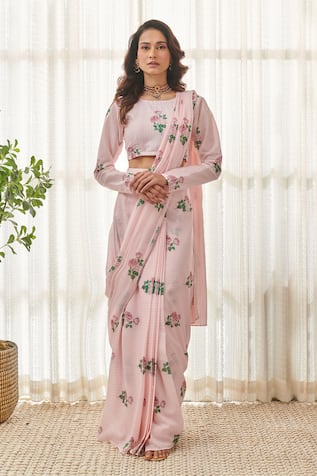 Pasha India Floral Print Pre-Draped Saree With Blouse 