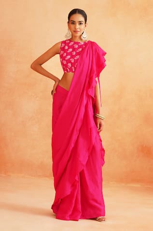 Palak & Mehak Ishna Pre-Draped Saree With Printed Blouse 