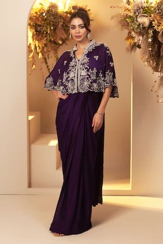 BAIDEHI Flower Vine Embroidered Cape & Pre-Draped Saree Set 