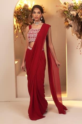 BAIDEHI Pre-Draped Saree With Floral Embroidered Blouse 