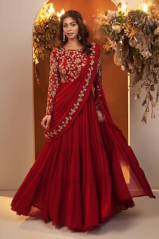 BAIDEHI Rose Motif Hand Embroidered Saree Gown 