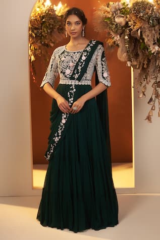 BAIDEHI Embroidered Tiered Saree Gown With Waist Belt 