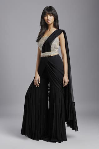 Maisolos Solid Pre-Draped Sharara Saree With Hand Embroidered Blouse 