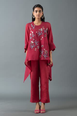 Oja Floral Embroidered Asymmetric Top With Pant 