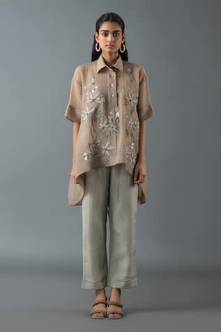 Oja Embroidered Floral High-Low Shirt With Pant 