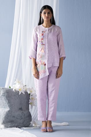 Oja Sequin Stripe Embroidered Shirt & Pant Set 