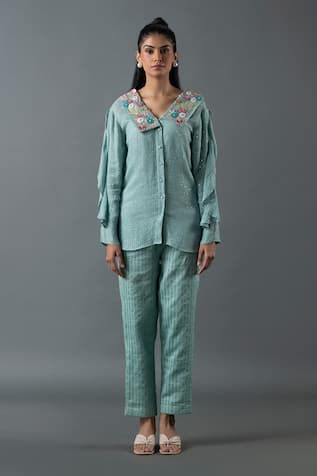 Oja Ruffle Sleeve Embroidered Top & Pant Set 