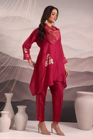 OMI Silk Floral Embroidered Asymmetric Kurta With Pant 