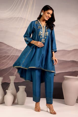 OMI Silk Floral Embroidered High Low Kurta With Pant 