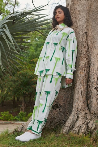 Khajoor Studio Palm Trees Hand Block Printed Shirt With Pant 