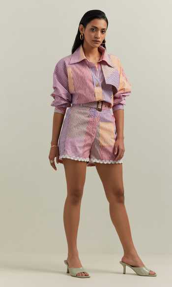 Shikha Malik Kalos Asymmetric Block Print Shorts 