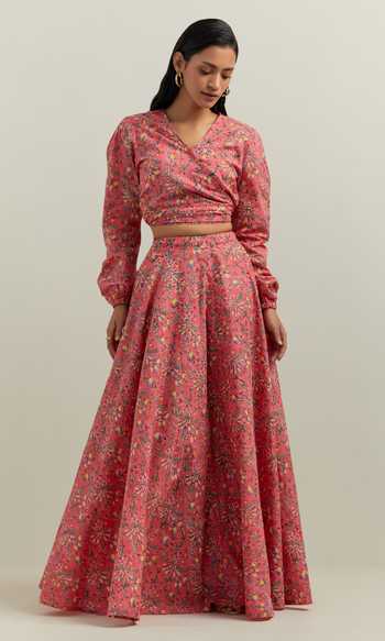 Shikha Malik Floral Print Wrapped Top With Skirt 
